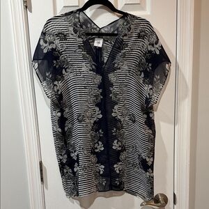 CAbi Navy and White Floral Striped Blouse